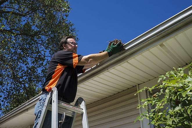 a gutter repair technician using a ladder and tools in Albion RI